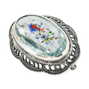 Czech Glass Reverse Carved Poured Glass Embedded Lampwork Brooch In Sterling
